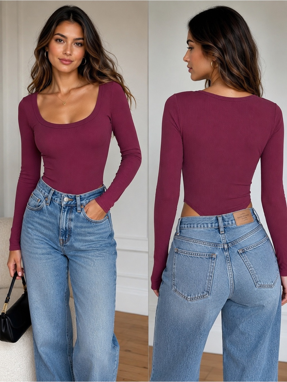 Babaton Aritzia Burgundy Ribbed Long Sleeve Bodysuit Size M